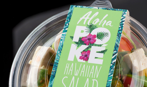 Close up of Aloha Poke packaging design on a poke salad bowl.