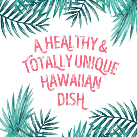 'A healthy and totally unique Hawaiian Dish' Brand statement visualised as vibrant pink typography intertwined with Hawaiian tropical flowers.