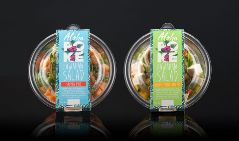 Pack shot on black background of two poke salad bowls to showcase the product packaging identity designs.