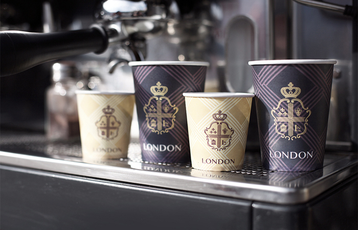 Coffee cup brand design printed on 4 paper cups for the Coffee House London.